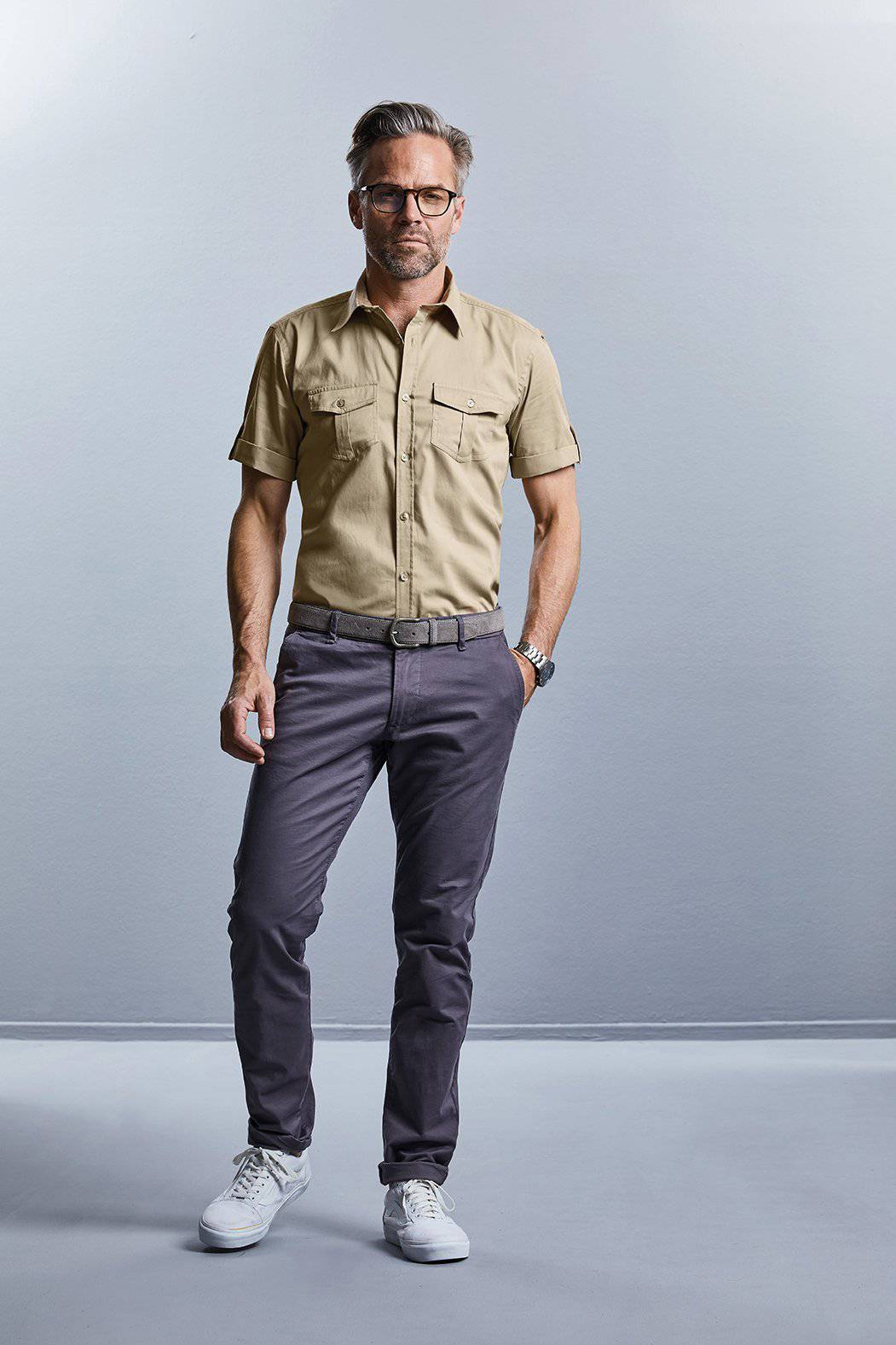 Epic Label Chemises Russell Collection R-919M-0 Chemise Manches Courtes Retroussables en Coton Sergé Homme