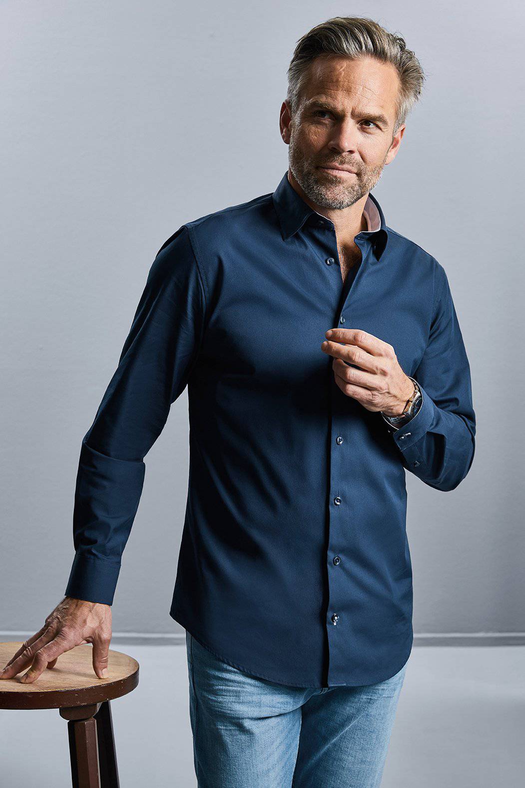 Epic Label Chemises Russell Collection R-966M-0 Long Sleeve Tailored Contrast Ultimate Stretch Shirt Pour Homme