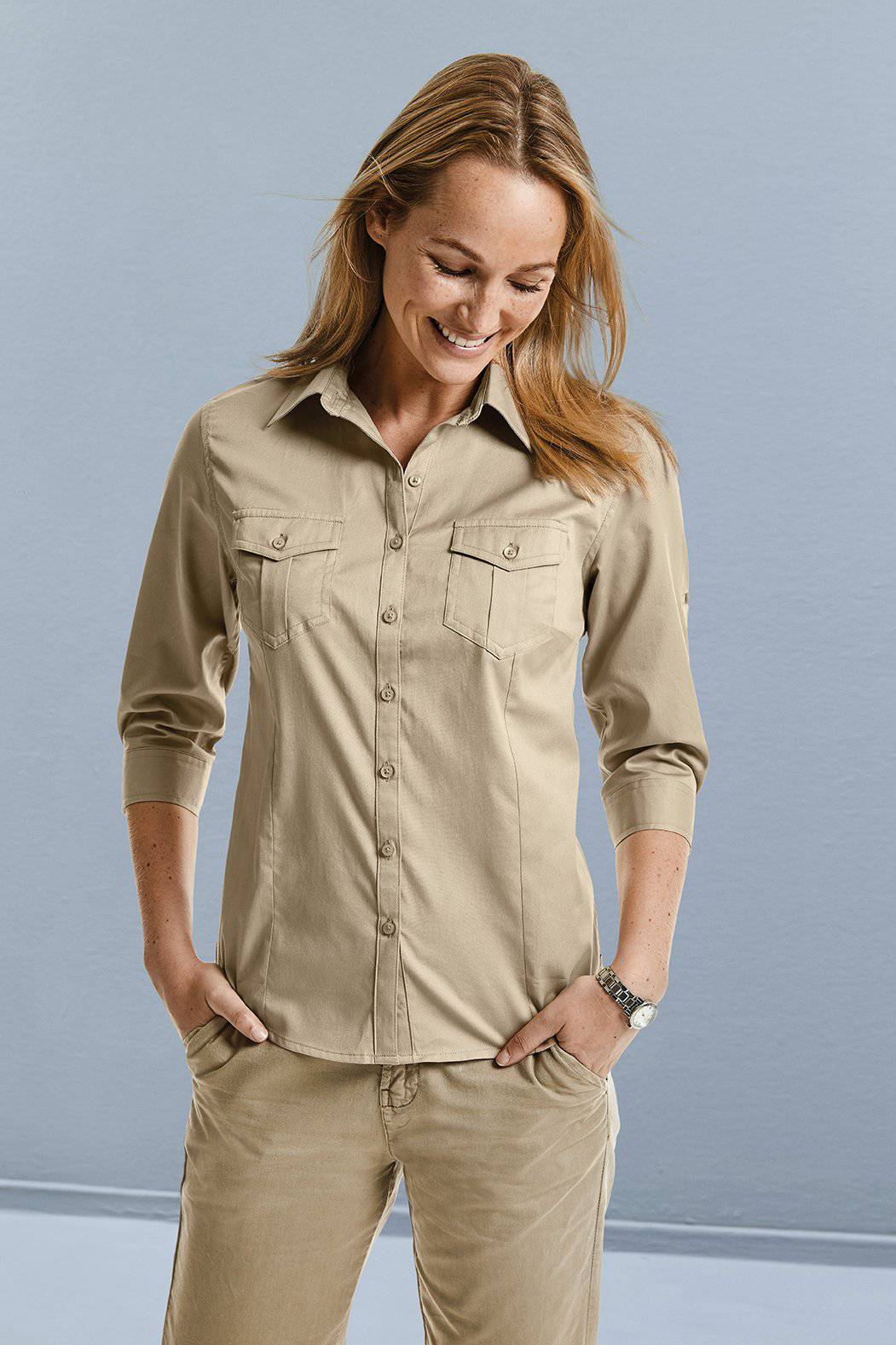 Epic Label Chemises Russell Collection R-918F-0 Chemise Manches Retroussables en Coton Sergé Femme
